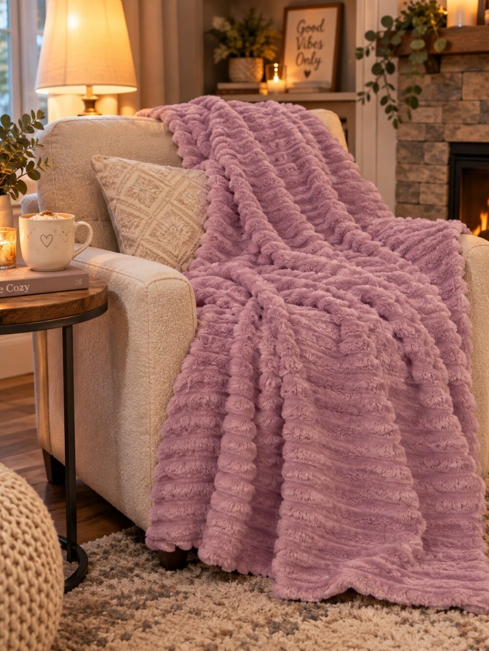 Plush Ribbed Lavender Throw Blanket 50x60 Textured Layering Soft